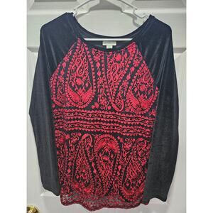 Vintage Sundance Entrantress Red Black Embroidered Tunic Velour Top Shirt Size S